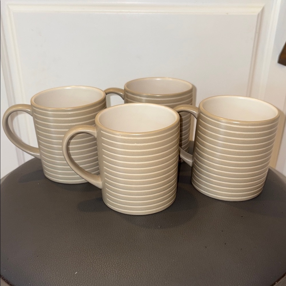 Denby Langley Intro Stripes Sand Set of 4 Coffee Mugs, Discontinued, 10 Ounces
